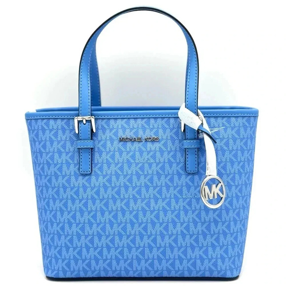 Michael Kors XS Jet Set Travel Top Zip Tote Bag Blue/Silver - Picture 1 of 13